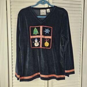 Michael Simon Lite Womens Black Velour‎ Velvet Christmas Sweater Medium
